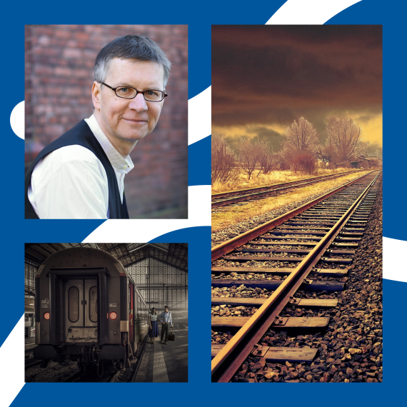 Bildcollage mit einem Foto des Autors und zwei Bildern von Eisenbahnenszenen