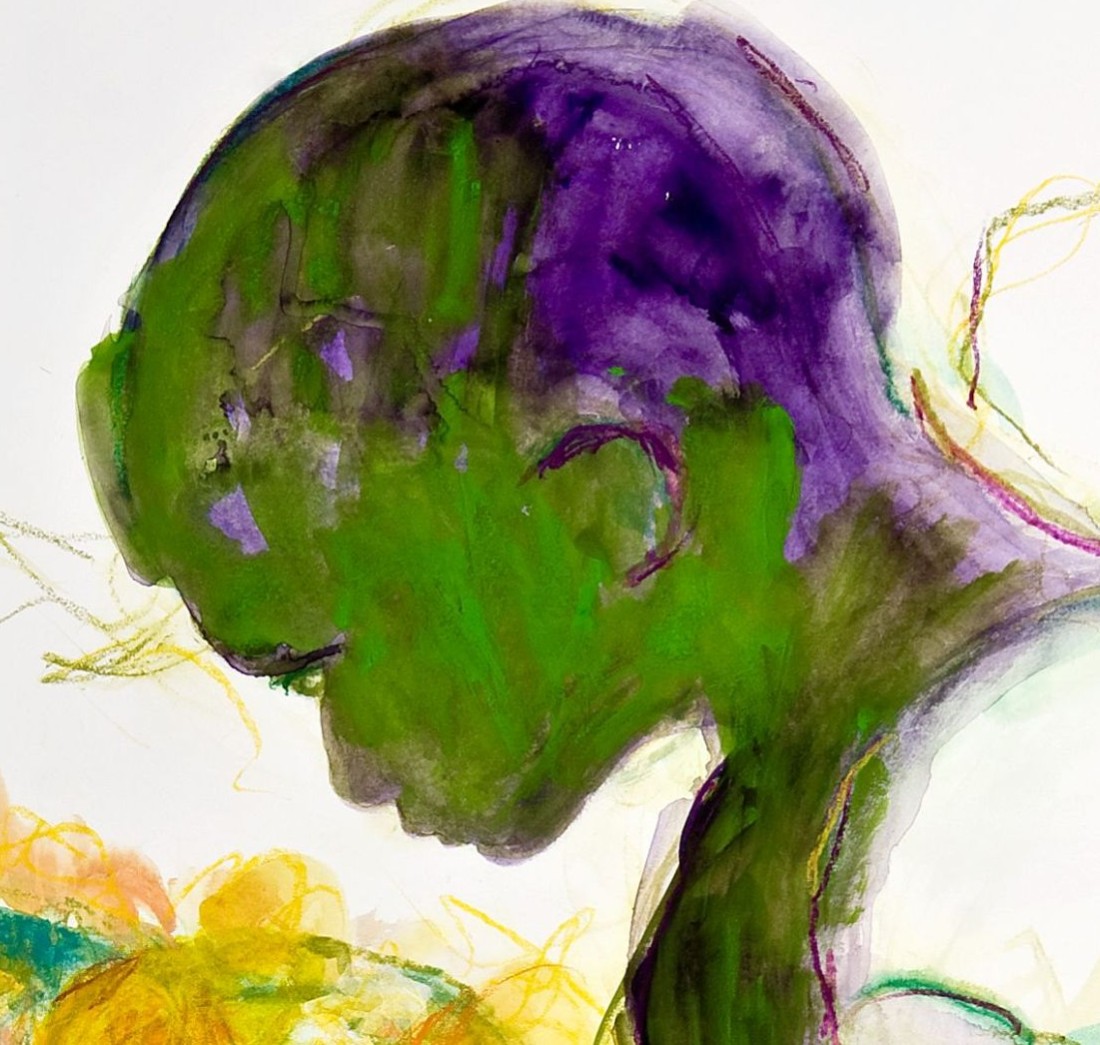 Gemälde von einem grünen Kopf im Profil